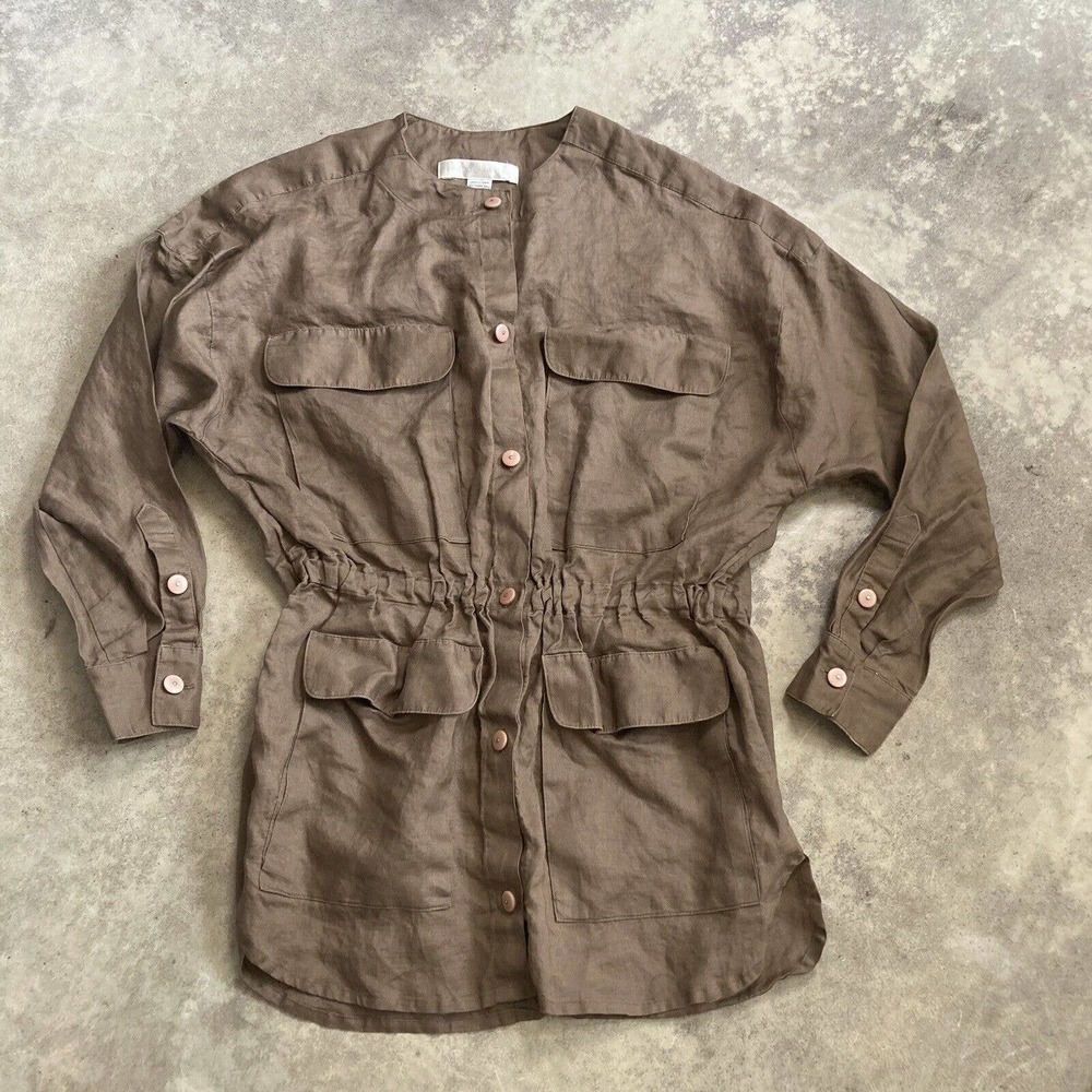 Brett Harrison Blouse Womens Small Linen Brown‎ 3/4 Sleeve Button Front Safari